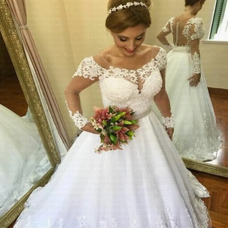 

2019 Sexy V-neck Vestido De Novia With Long Sleeved Appliqued Lace Back Covered Buttons Wedding Dresses Bridal Gowns