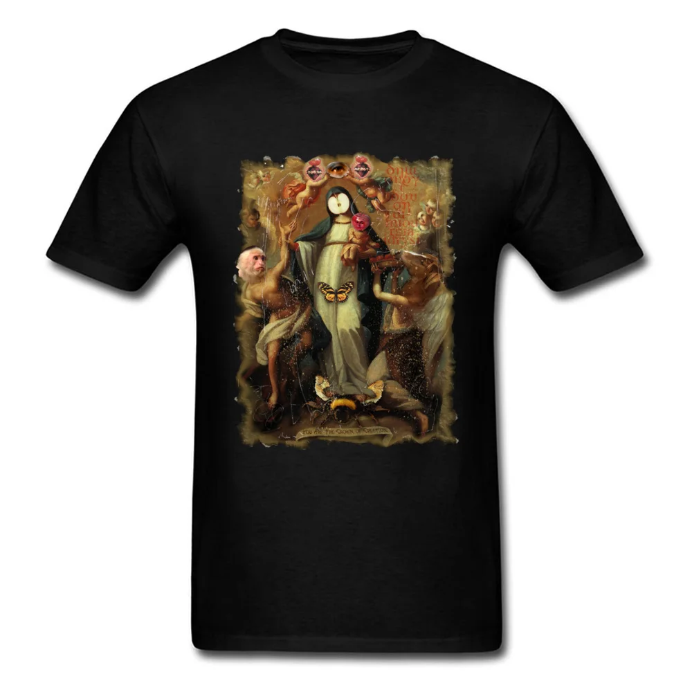 

Funny Design T-shirt Men Tops Tees Crown Of Creation Black Tshirt Virgin Mary Printed On Male Clothing Vintage Art Shirt Cotton