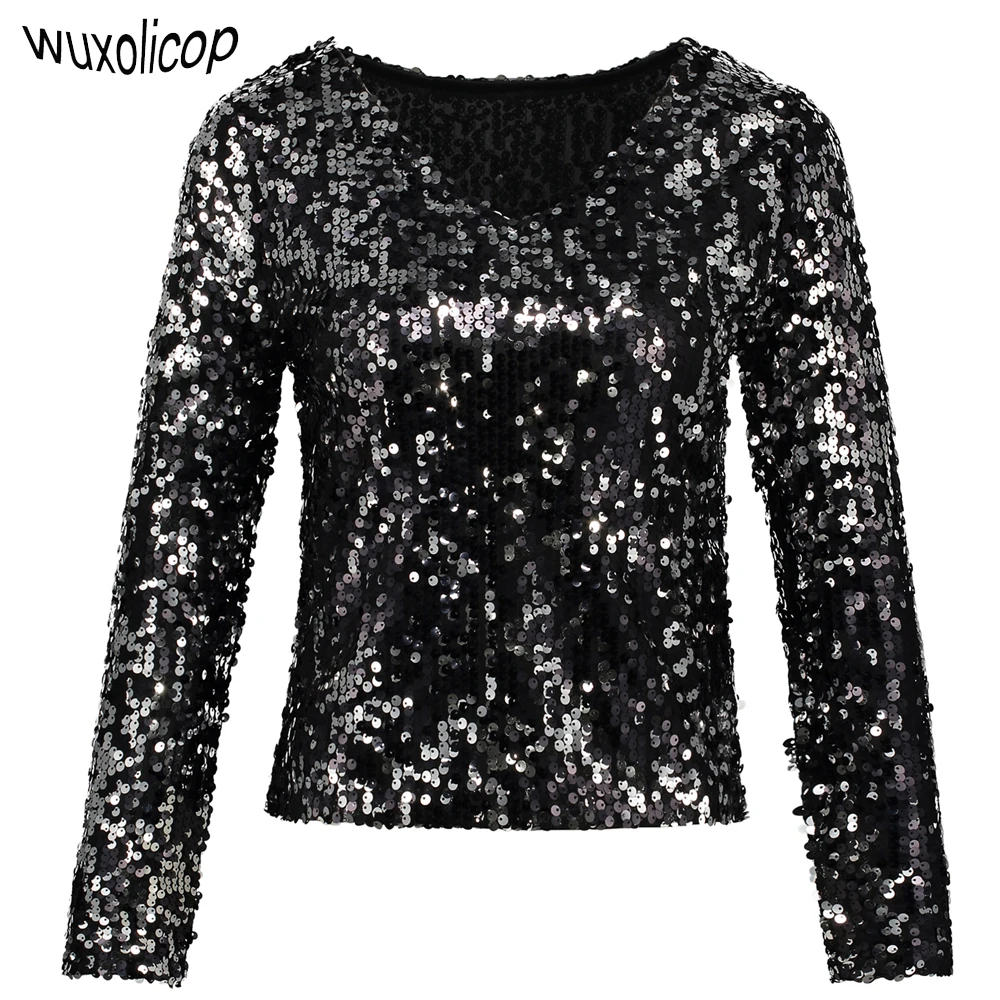 Sexy Plunge Long Sleeve Sequin Tunic 
