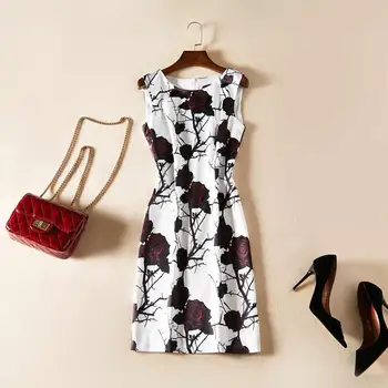 

Vintage Flower Print Women Dress Elegant O-Neck Sleeveless Mini Dresses G7165