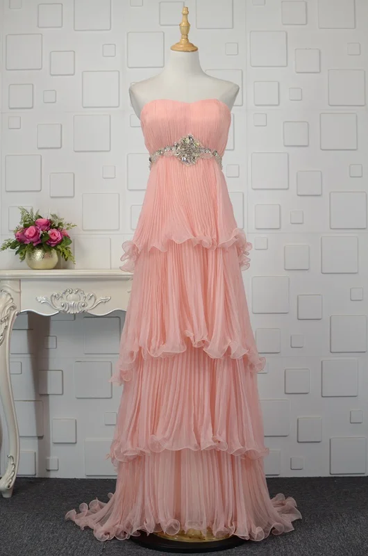 JaneVini элегантное розовое Многоуровневое длинное платье подружки невесты бисером без бретелек шифоновое вечернее платье для свадебной вечеринки выпускного вечера - Цвет: Розовый