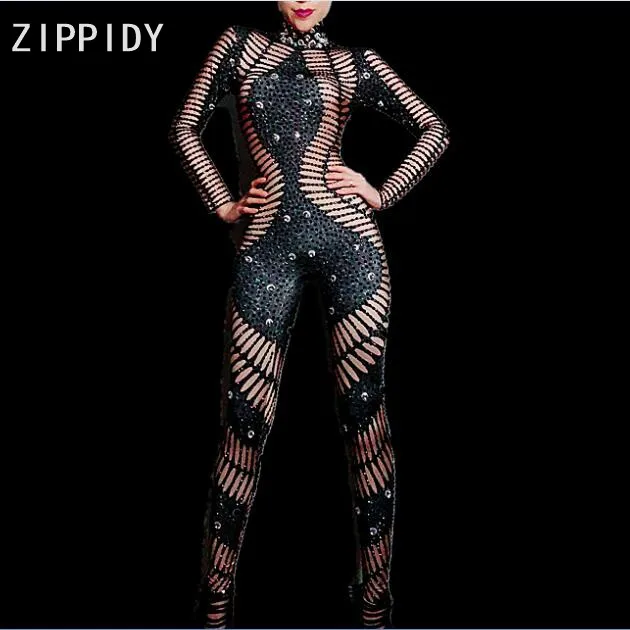 

Bling Black Crystals Spandex Stretch Jumpsuit Evening Party Bodysuit Nightclub Bar Female Singer Outfit One Piece Sexy Costume