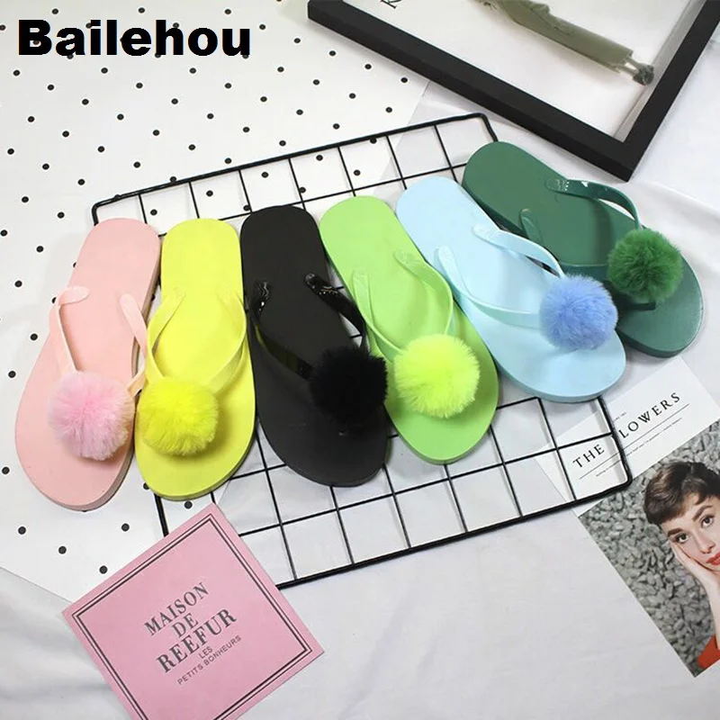

Bailehou Fashion Women Slippers Beach Flip Flops Sandals Flat Women Shoes Home Indoor Slipper Fur Women Shoes Pompom Slippers