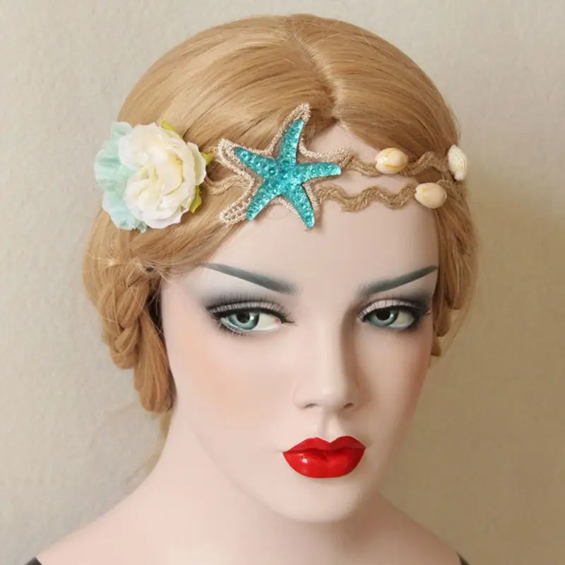 

Womens Vacation Bohemian Headband Sea Star Starfish Rhinestone Hairband Shell Flower Hemp Rope Beach Party Headpiece