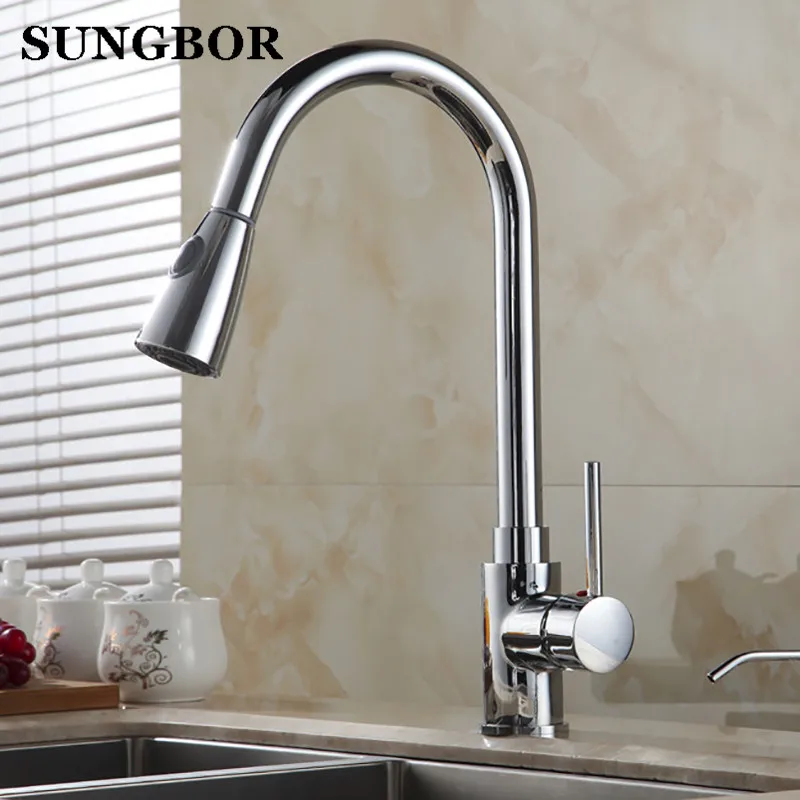 Chrome kitchen sink Swivel Deck Mounted Single Hole Faucets,Mixers & Taps with pull out shower head Free shipping CF-9120L