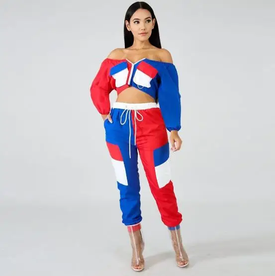 2019 new spring summer sexy bare shoulder four color stitching two sets | Тематическая одежда и униформа