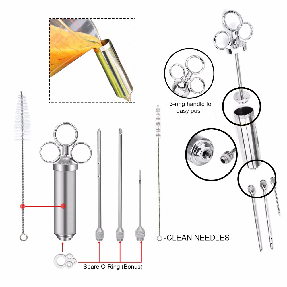 Новинка, 2 унции, инжектор мяса, шприц для птицы, маринада, ароматизатор, инжектор для мяса, приправа, инжекторы, набор для барбекю, кухонные инструменты с 3 иглами