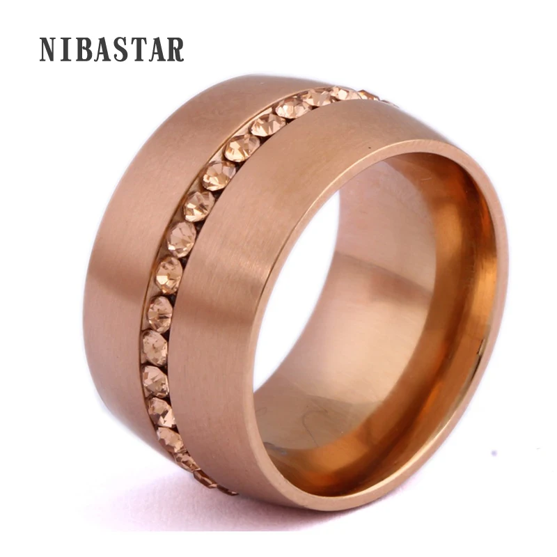 

Classic 14mm Wide Steel Rings For Women Rose Gold Stainless Steel Plated with Pave Rose Crystal For Women