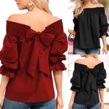 2019 Women's Summer  Fashion Off Shoulder  Top Puff Sleeve Bow Bandage Blouse Women Clothes