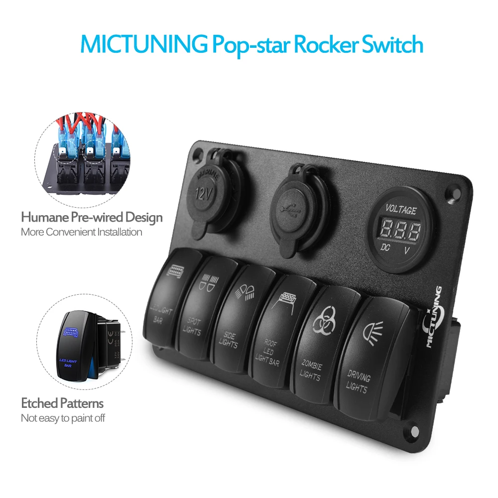  MICTUNING 6 Gang Rocker Switch Panel with DC12V Cigarette Lighter Socket Dual USB Charger LED Digit - 32963394853