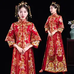 Невесты традиции китайское традиционное свадебное платье для женщин феникс вышивка Cheongsam красный Qipao длинные Восточный стиль платья для
