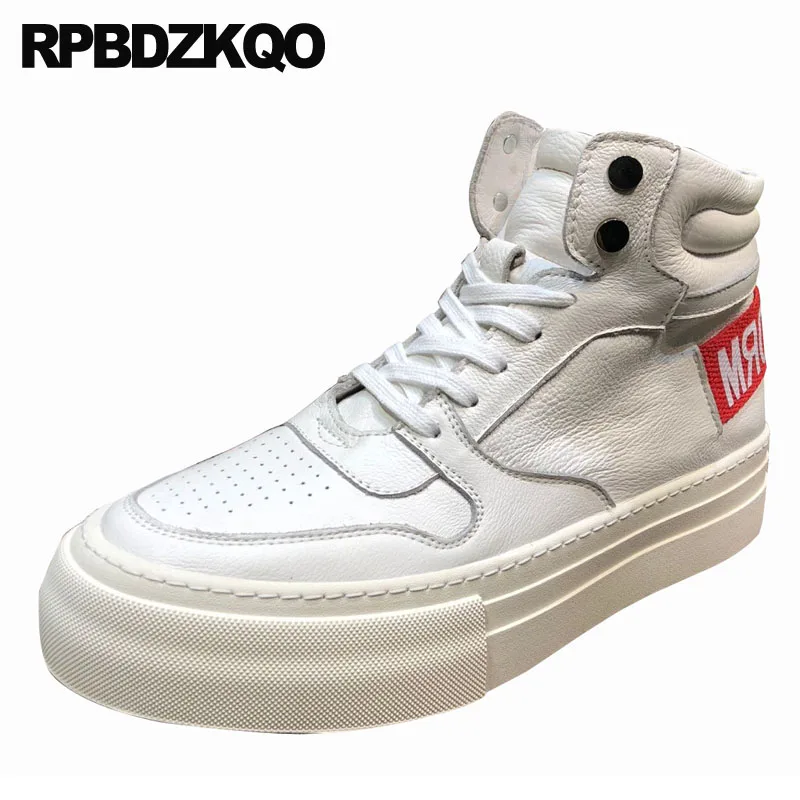 

Thick Soled Ankle High Top Lace Up Boots White Runway Platform Sneakers Sole Shoes Men Booties Heel Trainer Full Grain Leather