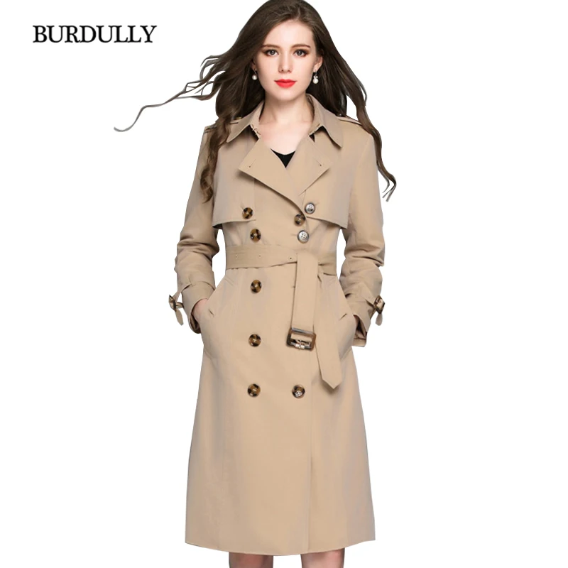 BURDULLY 2018 Vintage Casual Loose Long Breathable Cotton Trench Turn-down Collar Double Breasted Coat Women X-Long Slim Solid 