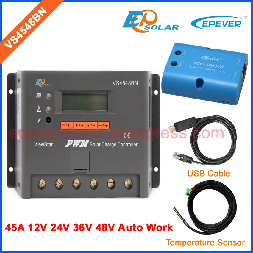 

Battery PWM solar regulator 45A 45amp USB cable and temperature sensor VS4548BN 36v 48v auto work wifi BOX