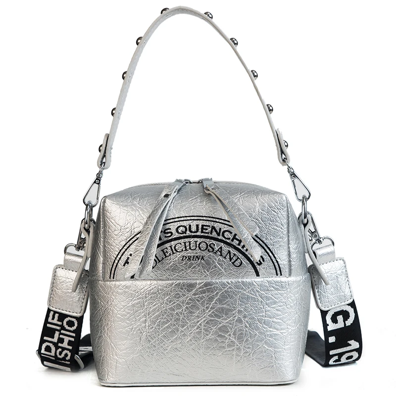 

Semicircle letter printing pattern women crossbody bag Rivet hand strap shoulder bag zipper Cube pleated pu leather soft handbag