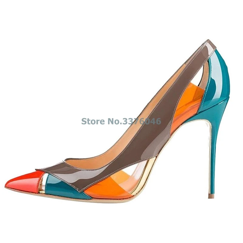 

Pointed Toe Patchwork Shallow Thin High Heels Pumps Fashion Contrast Color Patent Leather Hollow Out Stiletto Heels Women Shoes