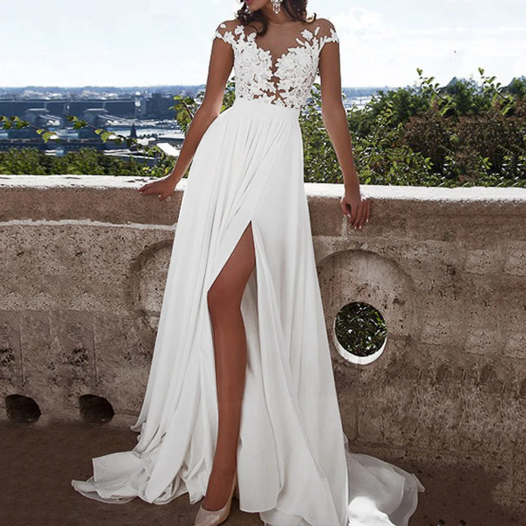 

Lace elegant dress summer woman Floral Formal Vintage Short Sleeve Slim Wedding Slit Up Maxi women spring casual dress 2019#G7