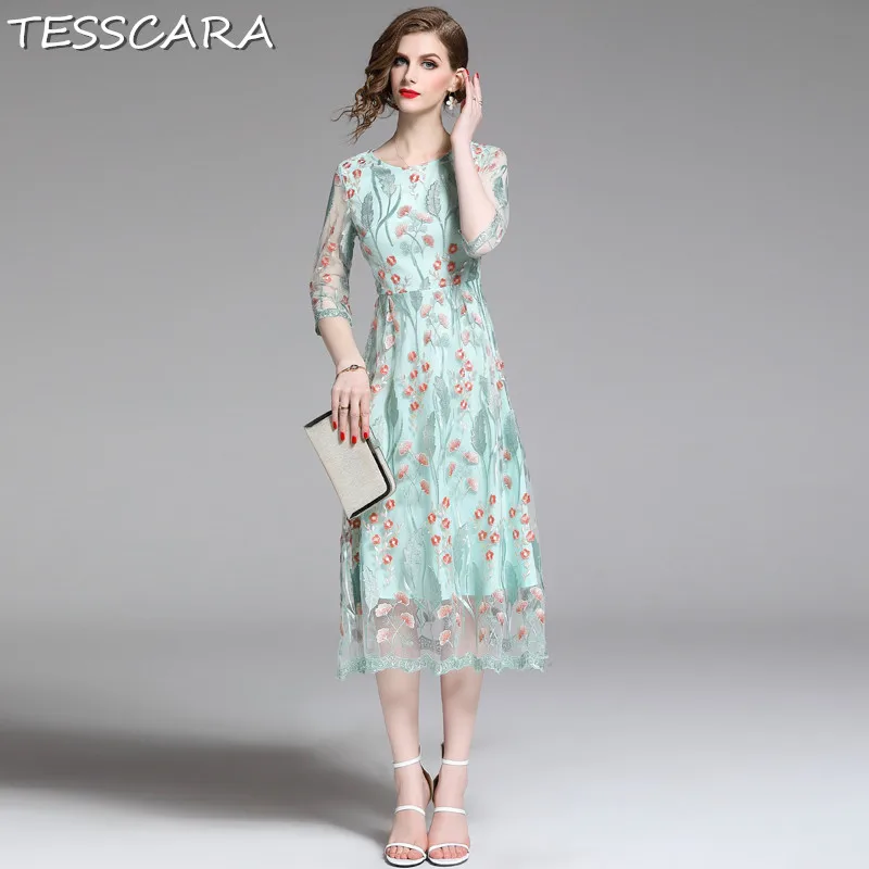 

TESSCARA Women Luxury Embroidery Mesh Dress Female Elegant Green Wedding Party Robe Femme Designer High Quality Lace Vestidos