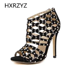 Летние сапоги 2017 новый Sexy Fashion Черный заклепки сандалии клуб Летние женские сандалии римском стиле Открытый Toe Сандалии сапоги