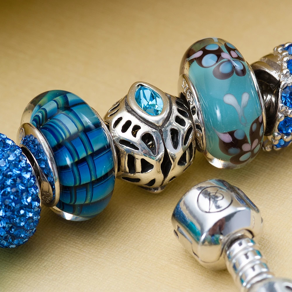 ATHENAIE, настоящее муранское стекло, 925 серебряное ядро, остекление, полосы, подвески, бусины, подходят для европейских браслетов и браслетов, цвет синий