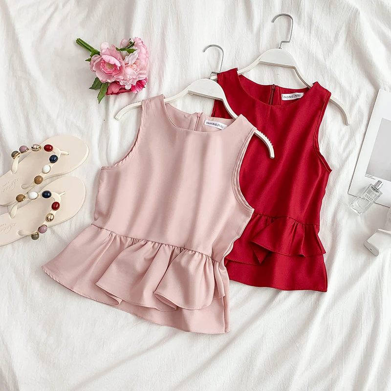 

Chiffon Shirt Women 2019 New Pure Color Simple Crewneck Sleeveless Skinny Fluffy Doll Shirt Wind Cool Blouse Summer Tops