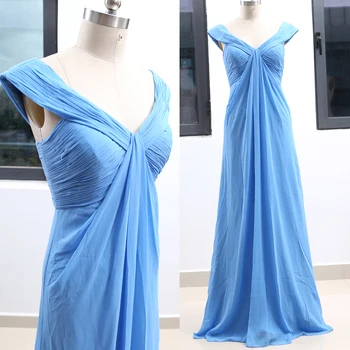 

MACloth Blue A-Line V Neck Floor-Length Long Chiffon Prom Dresses Dress L 262933 Clearance