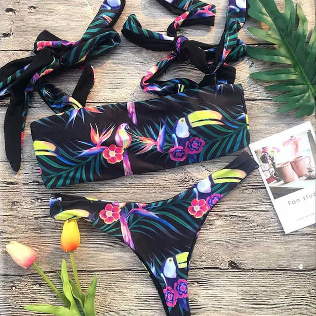 Buy 2018 Sexy Swimsuit Bandeau Bikini Set Parrot Print