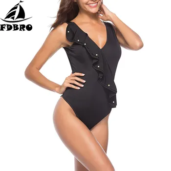 

FDBRO One Piece Suit Sexy Tight Elastic Swimsuit female Petal V-neck Patchwork Bikini Swimwear Women Bathing Suits Swimming Suit