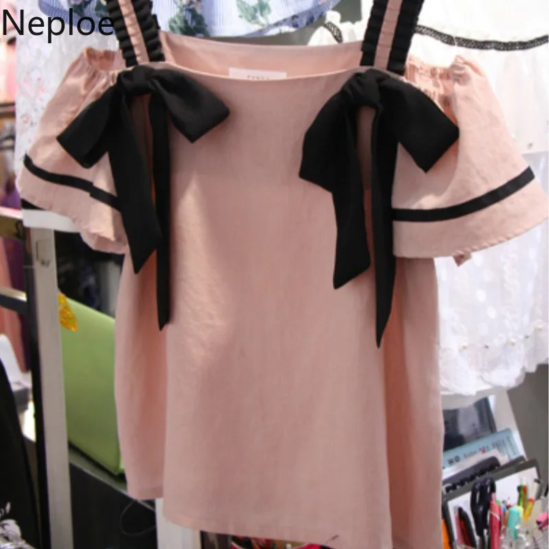 

Neploe Strap Ruffles Blouse Women Shirt Slash Neck Off Shoulder Summer Pink Blouses Tops Streetwear Blusas 2019 Korean 39301