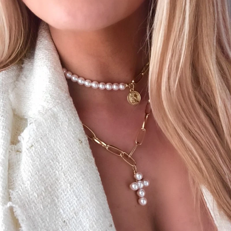 

new fashion pearl cross necklace pendants for women coin statement necklaces jewelry girl gifts