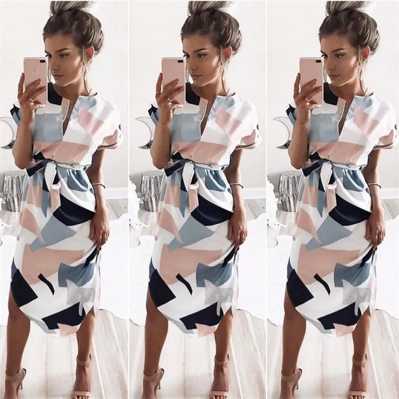 2018-Summer-Dress-female-V-neck-Women-Fashion-Geometric-Print-Elegant-Cute-Sashes-Sexy-Slim-Dress