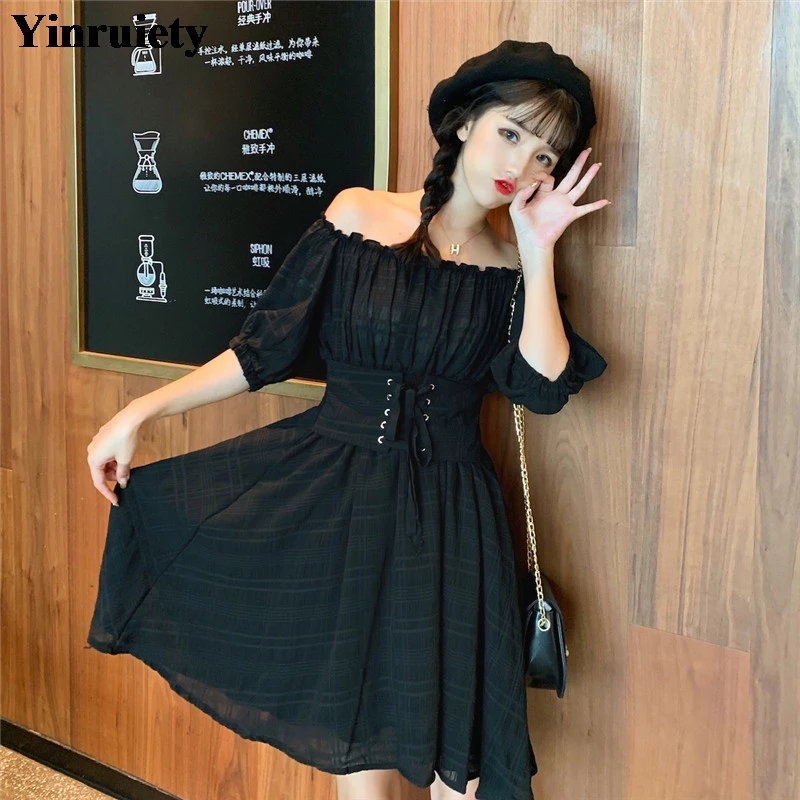 

Cute Kawaii Short-sleeved Dress Summer Dress Women's New Japanese Sweet Slash Neck Temperament Slim Fairy Lolita Dress
