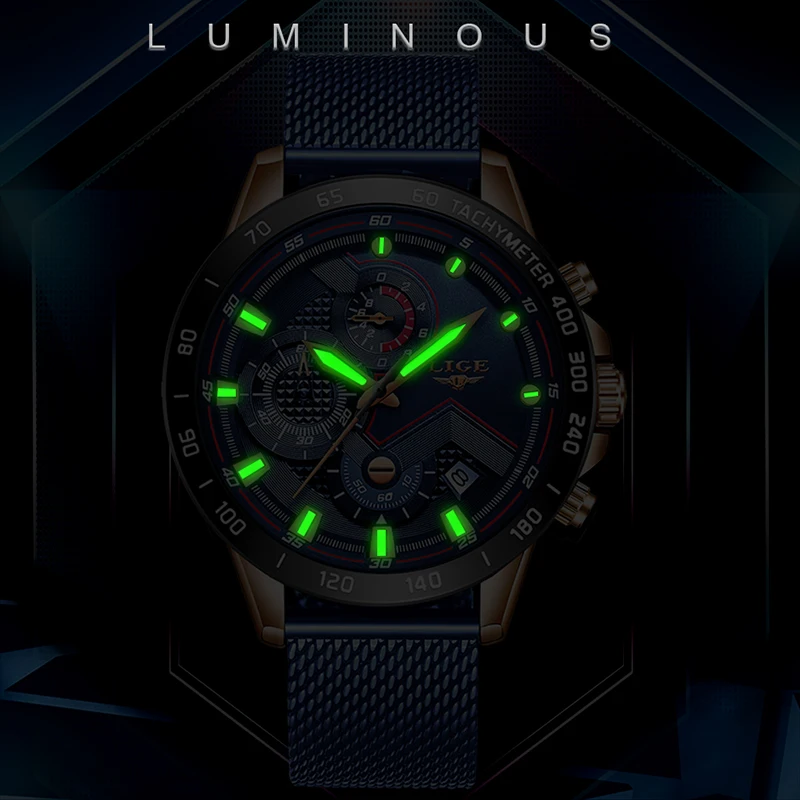 US $169.90 Lige Fashion Mens Watches Top Brand Luxury Wristwatch Quartz Clock Blue Watch Men Waterproof Sport Chronograph Relogio Masculino
