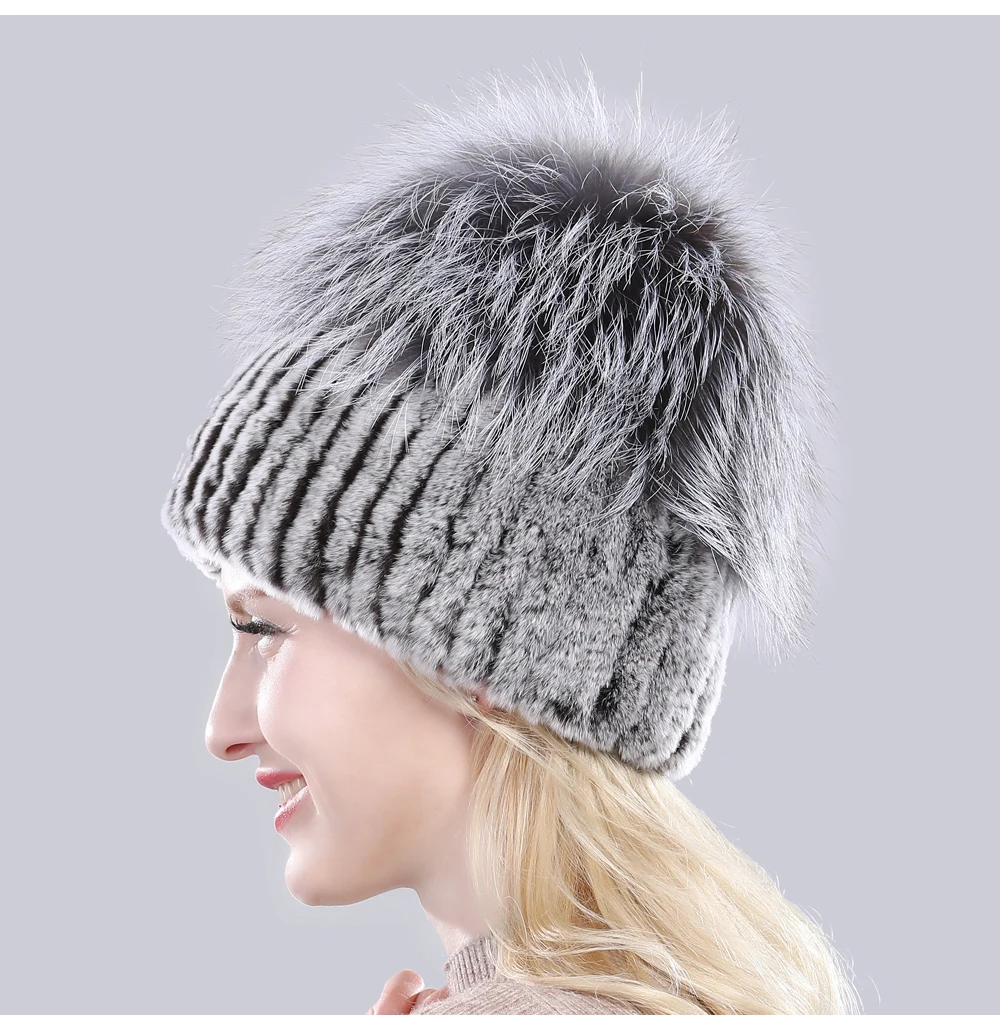 Новое поступление, зимняя женская вязаная шапка, настоящий мех кролика, хорошая эластичность, натуральный пушистый мех серебристой лисы, женские шапки из натурального меха
