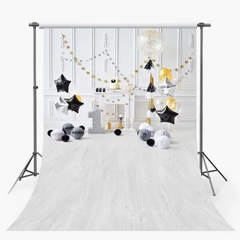 

Black and Gold Stars Backdrops for Photography 1st Baby Birthday Party White Vinyl Flooring Kid Camera Fotografica Profissional