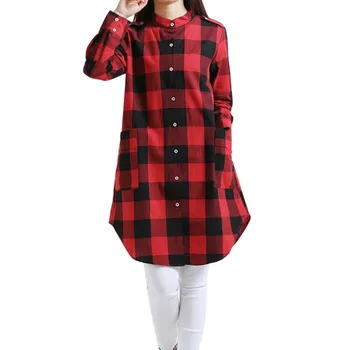 

US Shipping Fashion Blusas Autumn Women Plaid Shirts Blouses Long Casual Loose Vintage Tops Oversize