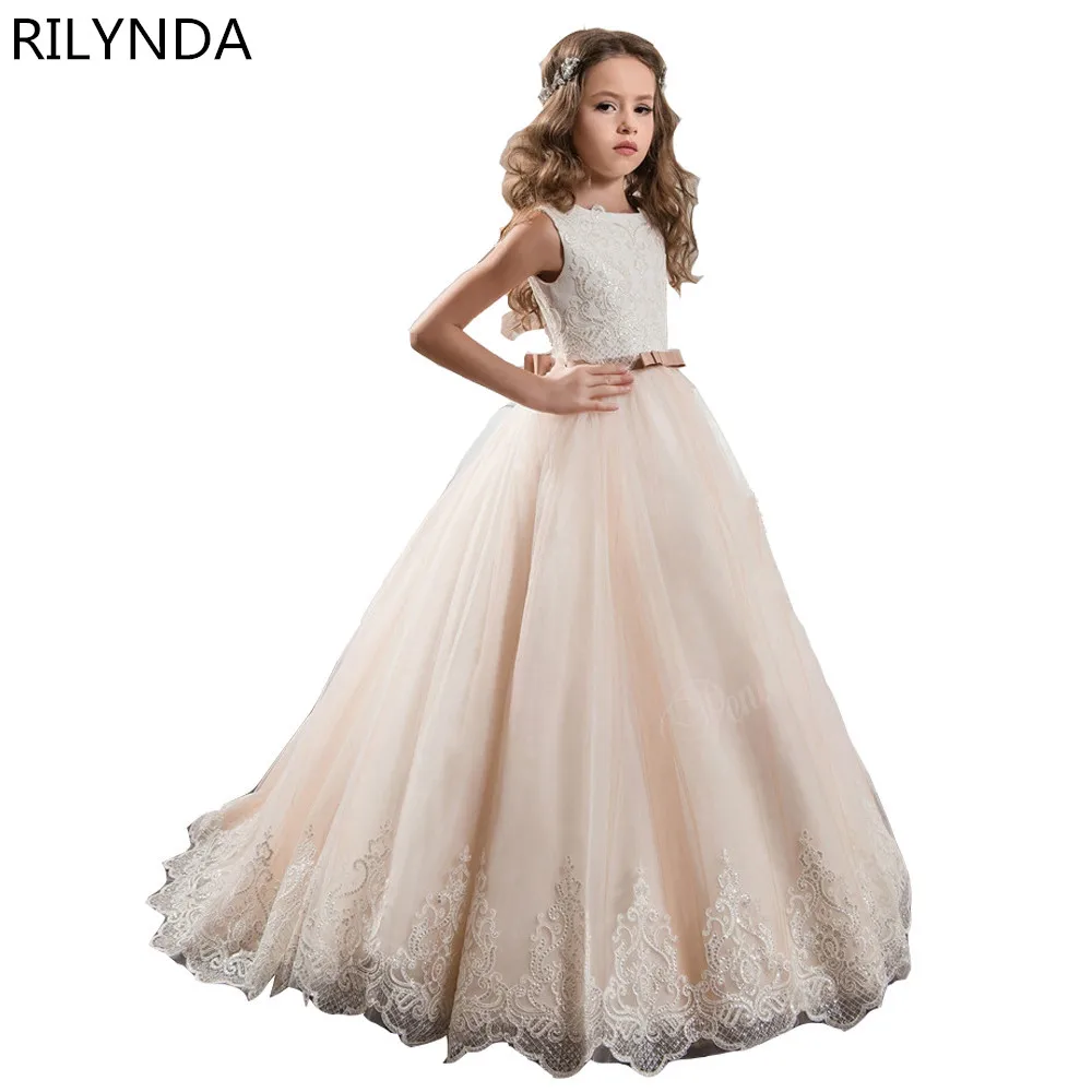 

First Communion Dresses O-Neck Appliques Sleeveless Ball Gown Court Train Flower Girl Dresses for Weddings Vestidos Hot