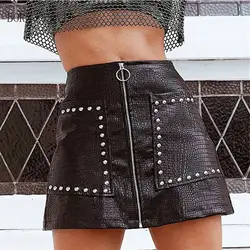 BORNPAVI короткая юбка женская искусственная из искусственной кожи сексуальная мини-юбка модная молния заклепки карман трапециевидная юбка
