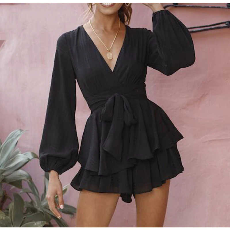 Повседневное Playsuit Для женщин Лето 2018 женские с длинным рукавом v-образным вырезом рюшами пляжные шорты комбинезон для дам Для женщин