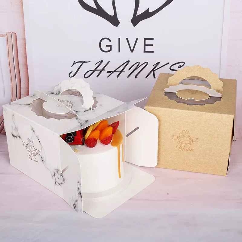

4Pcs White Marble Style Wedding Birthday Party Gift Boxes 6/8 inch Kraft Paper Cake Pastry Box With Handle Window DIY Cake Box