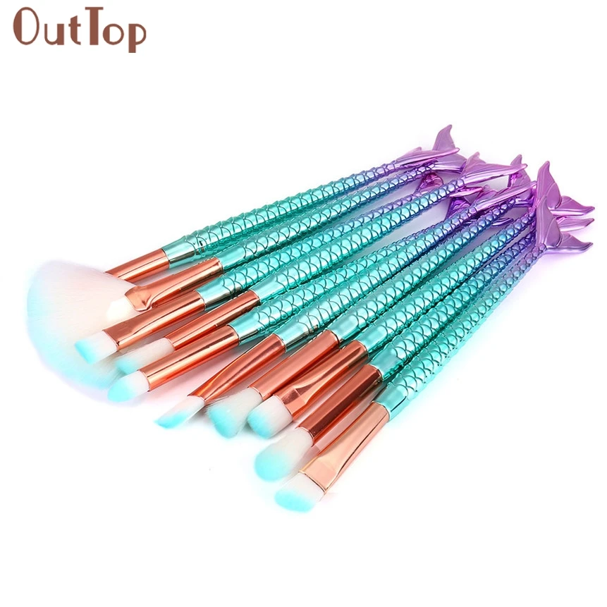 

10pcs Mermaid Makeup Brushes Set Kit Blue Fish Scale Cosmeitc Brush For Powder Blush Eyebrow Foundation 170801 Drop Shipping