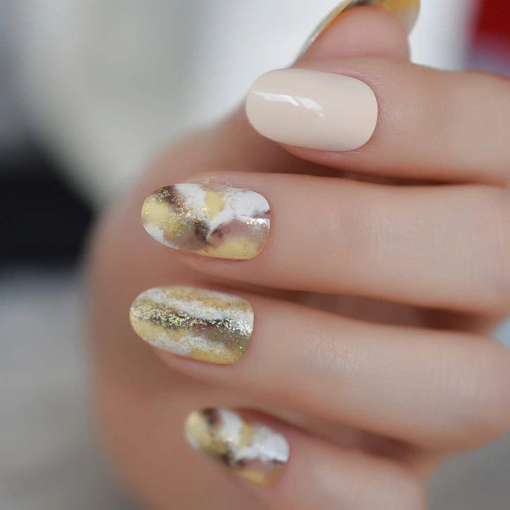 

Gold Glitter Marble Oval Round False Nails Wash Drawing Fake Nail Artificial Extension Tips for Finger Deco Free Glue Sticker