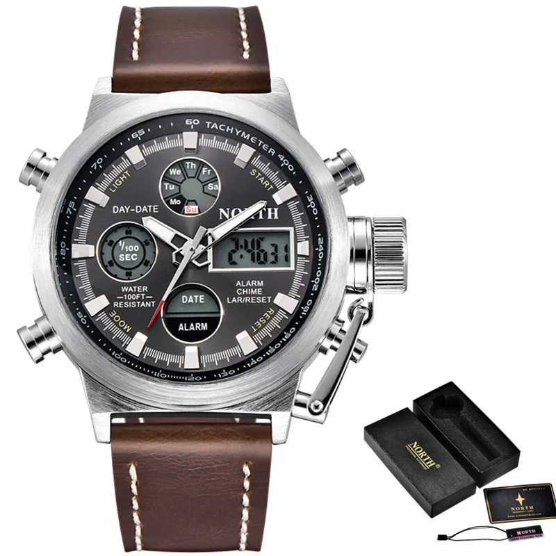 L Brown Silver Box NORTH спортивные часы мужские военные кварцевые часы для мужчин аналоговые светодиодные цифровые кожаные нейлоновые мужские часы повседневные водонепроницаемые наручные часы - Цвет: L Brown Silver Box