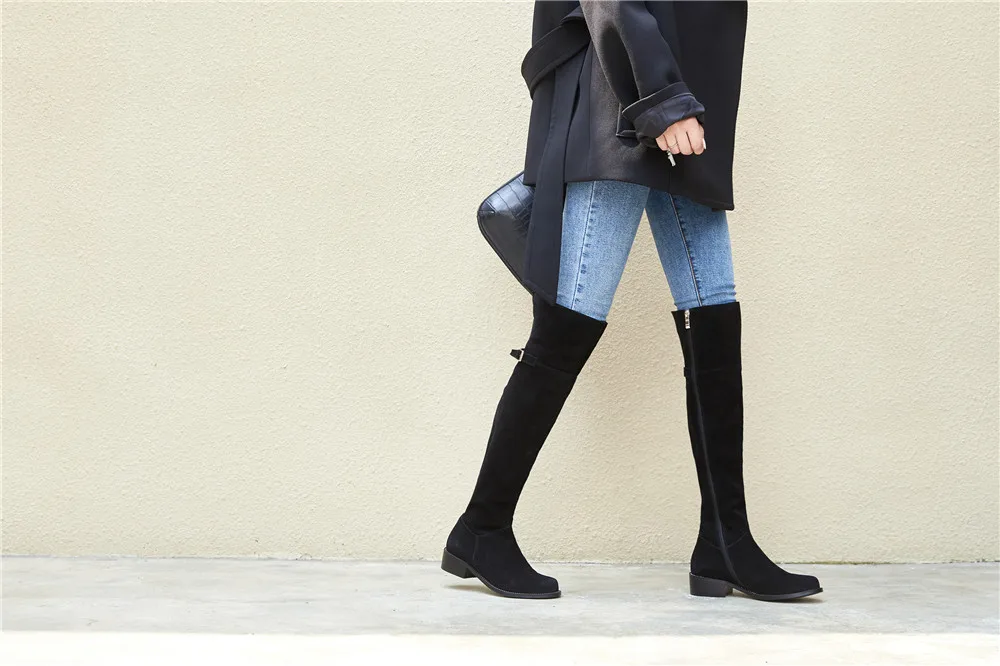 Mcacchi/ г. Женские Сапоги выше колена модные женские сапоги из флока без шнуровки на квадратном каблуке zapatos de mujer, Размеры 33-43
