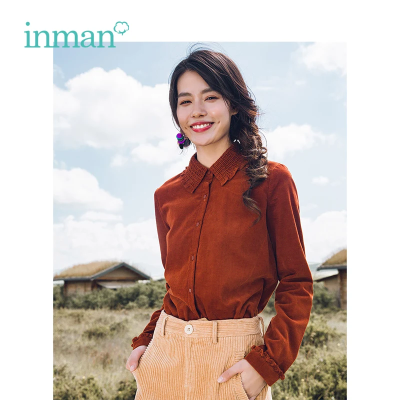Vente INMAN 2018 Hiver Nouvelle Arrivée Femelle Velours Turn down Col Littéraire Rétro Dame Femmes Chemise