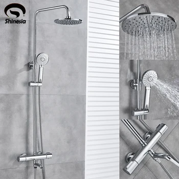 

Shinesia Chrome Thermostatic Shower Faucet Set Wall Mount Rain Shower Faucet With Hand Shower Tub Spout Hot Cold Mixer