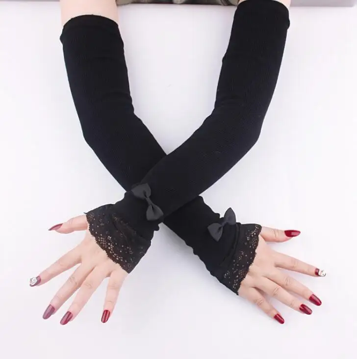 Женские осенне-зимние трикотажные перчатки, Женские однотонные черные кружевные сексуальные перчатки без пальцев с маленьким бантом, длинные рукава, перчатки для вождения R1341