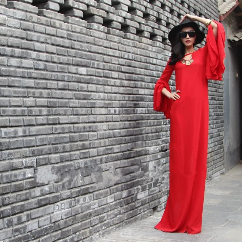 

WBCTW 7XLPlus Size Women Chiffon Maxi Long Dress 2018 Autumn Summer Half Sleeve Red Solid Sexy Club Vestidos De Festa