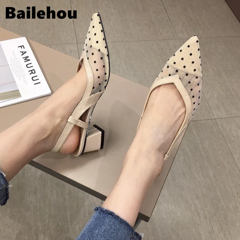 

Bailehou Brand Designer Lace Sandals Polka Dot Mesh Leather Women Sandal Elegant Med Heel Summer Shoes Ladies Flipflops