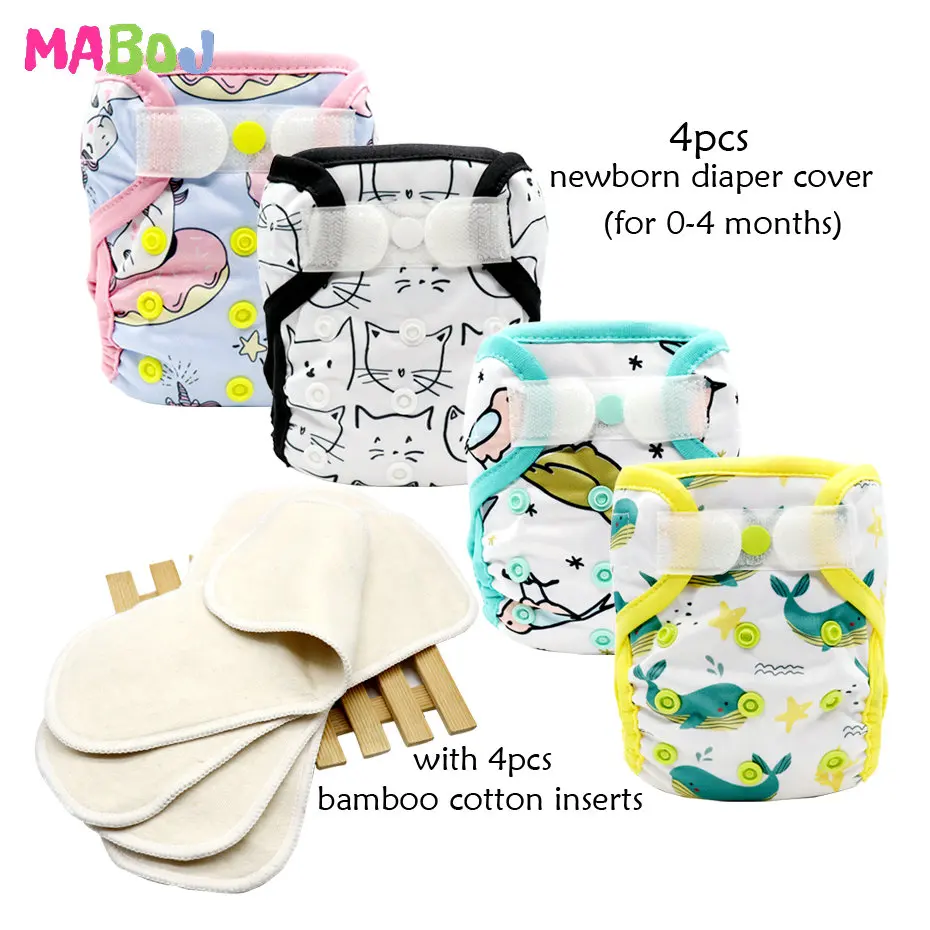 

MABOJ Newborn Cloth Diaper Cover Set with Bmaboo Cotton Insert Hook&Loop Nappy Cover Waterproof Breathable Adjustable Nappies